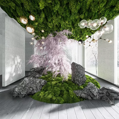 Indoor Space With Green Moss Ceiling Floor Pink Flowering Tree Rocks And Spherical Lights 3d model
