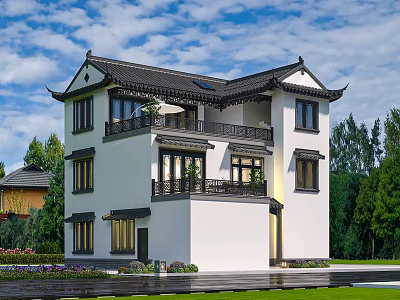 Chinese Style Detached Villa With Traditional Roof White Walls And Balconies Surrounded By Green Trees 3d model
