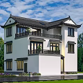 Chinese Style Detached Villa With Traditional Roof White Walls And Balconies Surrounded By Green Trees
