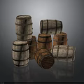 Vintage Rustic Wooden Barrels Stacked And Arranged On Dark Background