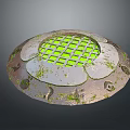 Circular Decorative Object With Green Grid Center And Moss Covered Petal Edges