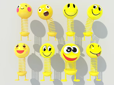 Yellow Smiley Face Decorative Ornament Set With Spring Bases And Various Expressions 3d model