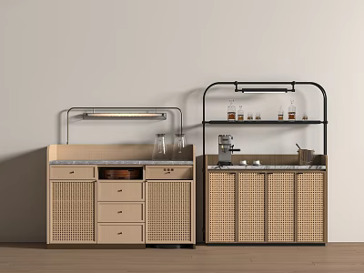 Elegant Modern Sideboard Interior Design With Rattan Cabinets Drawers And Metal Shelf 3d model