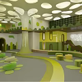 Kindergarten Interior Design With Tree Shaped Decor Green Yellow Round Seats And Play Area
