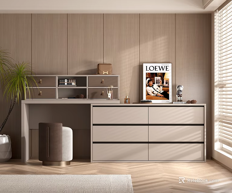 Modern Dressing Table With Wooden Wall Background Storage Drawers Padded Stool And Decorative Items 3d model 