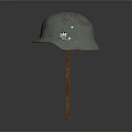 Vintage Military Protective Helmet With Worn Metal Surface On Display Stand