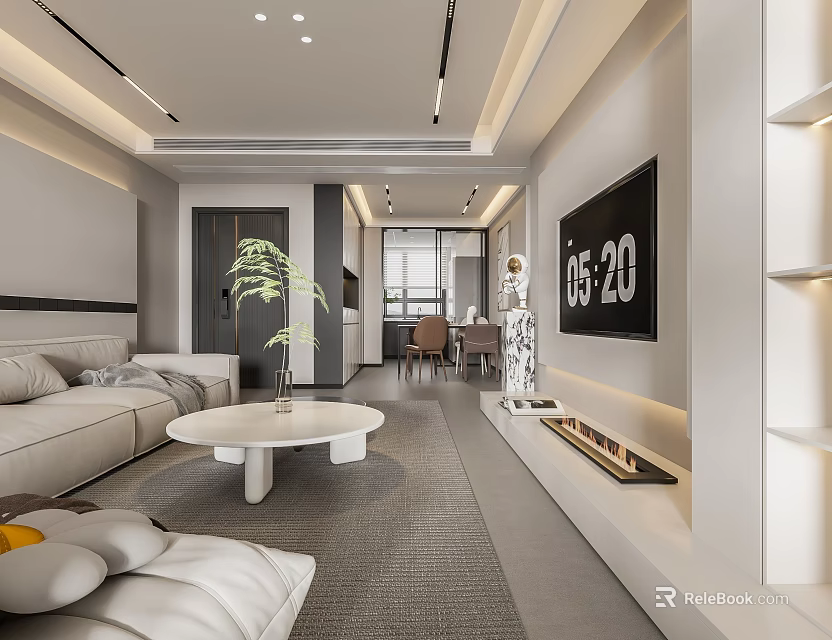 Modern Living And Dining Room Interior With Sofa Round Coffee Table TV And Green Plant 3d model 