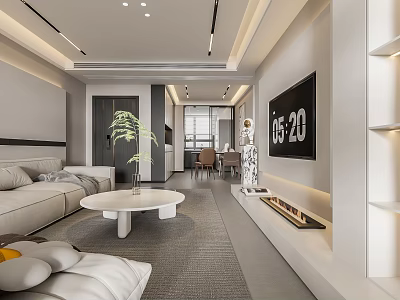 Modern Living And Dining Room Interior With Sofa Round Coffee Table TV And Green Plant 3d model
