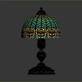 Vintage Table Lamp With Mosaic Glass Shade Green Blue Yellow Peacock Feather Metal Base