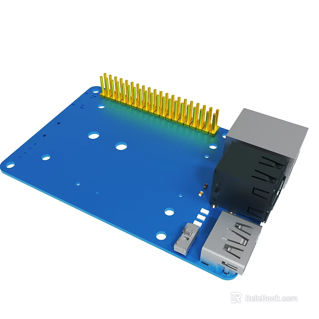 Blue Circuit Board With Yellow Pins Black Port Gray Component And Holes 3d model 
