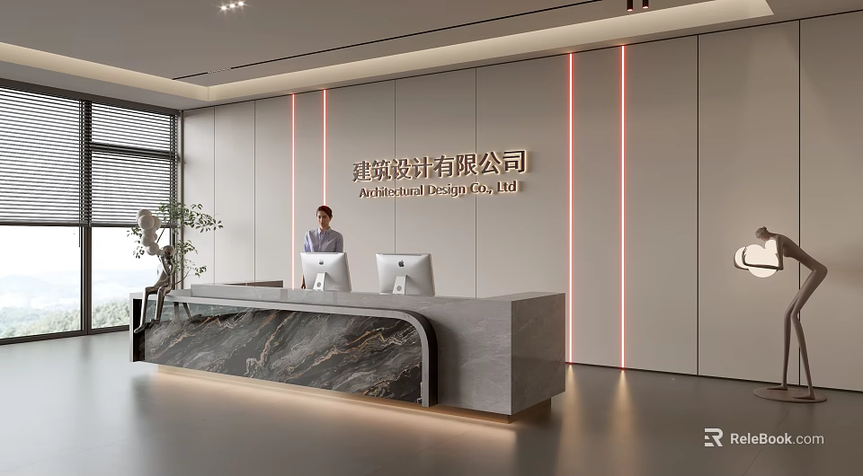 Modern Reception With Professional Receptionist Marble Desk Company Backdrop Stylish Lighting And Green Plant 3d model 