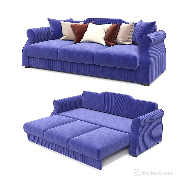 Blue Striped Sofa With Decorative Pillows And Convertible Sofa Bed Design 3d model 