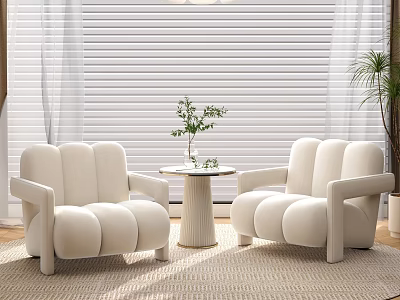 Modern Minimalist Ivory Armchairs With Round Side Table And Green Plant 3d model