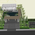 Modern Garden Landscape Design With Mesh Screen Pine Trees And Green Plant Beds