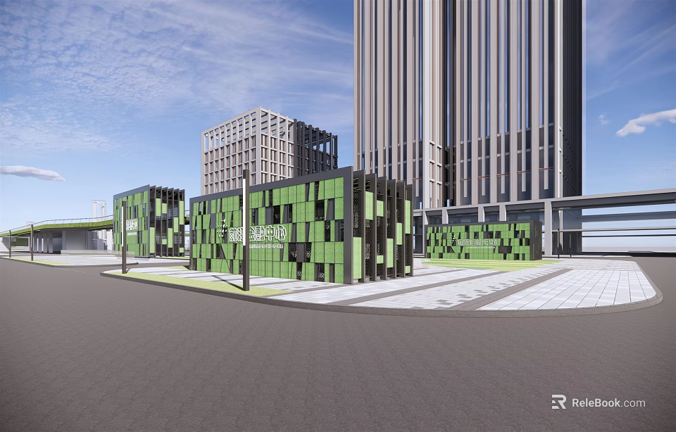 Modern Office Building with Green Block Facade and Contemporary Design Plaza Area 3d model 