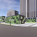 Modern Office Building with Green Block Facade and Contemporary Design Plaza Area