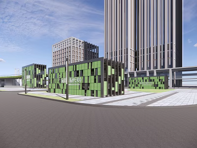 Modern Office Building with Green Block Facade and Contemporary Design Plaza Area 3d model