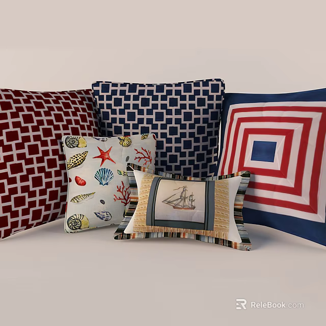 Decorative Pillows With Geometric And Ocean Themed Colorful Patterns For Home 3d model