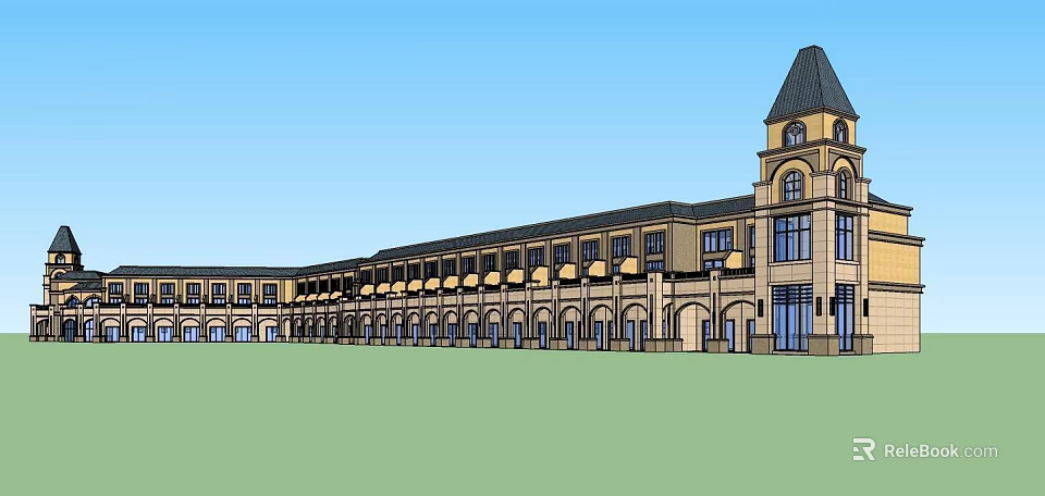 Classical Style Commercial Complex With Clock Tower Arched Windows Balconies And Green Lawn 3d model 