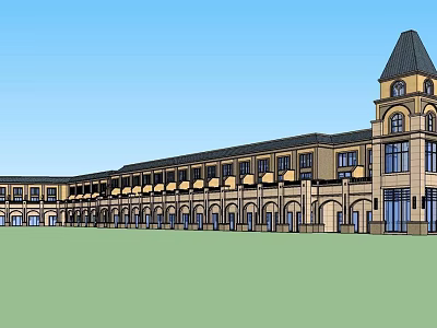 Classical Style Commercial Complex With Clock Tower Arched Windows Balconies And Green Lawn 3d model