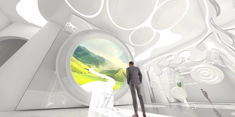 Modern Exhibition Hall Interior With Circular Window And Green Mountain River View 3d model 