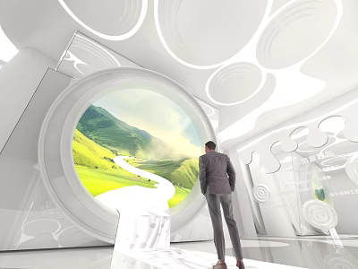 Modern Exhibition Hall Interior With Circular Window And Green Mountain River View 3d model