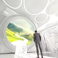 Modern Exhibition Hall Interior With Circular Window And Green Mountain River View