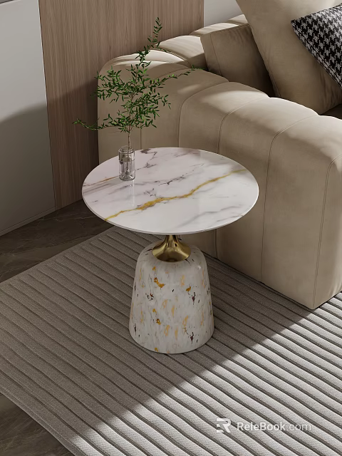 Round Side Table With White Marble Tabletop Gold Veins Conical Base And Beige Sofa 3d model