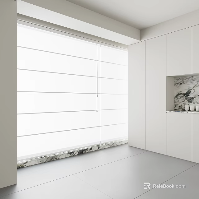 White Horizontal Blinds on Window in Modern Interior With White Cabinets and Marble Countertop 3d model 