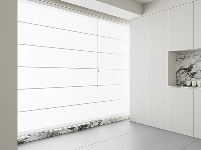 White Horizontal Blinds on Window in Modern Interior With White Cabinets and Marble Countertop 3d model