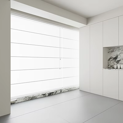 White Horizontal Blinds on Window in Modern Interior With White Cabinets and Marble Countertop 3d model
