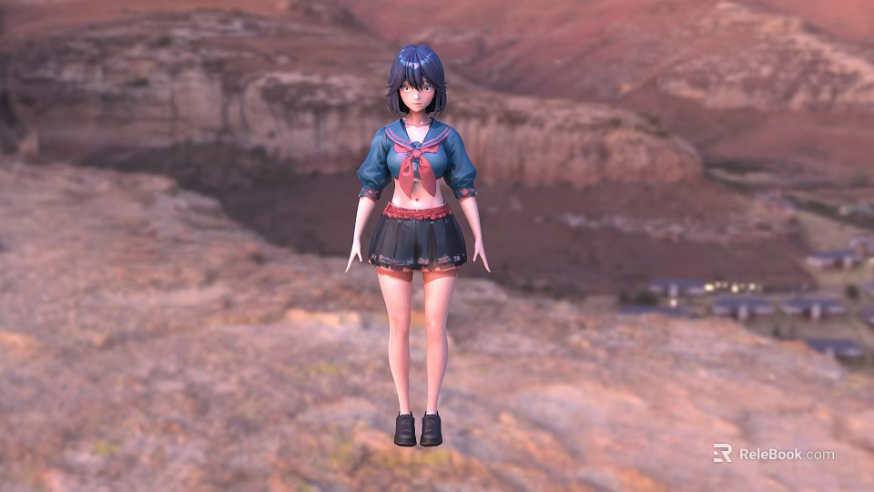 Woman With Blue Hair In Blue Top Red Neckerchief Black Skirt Standing In Mountain Landscape 3d model 