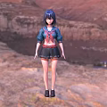 Woman With Blue Hair In Blue Top Red Neckerchief Black Skirt Standing In Mountain Landscape