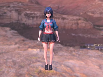 Woman With Blue Hair In Blue Top Red Neckerchief Black Skirt Standing In Mountain Landscape 3d model