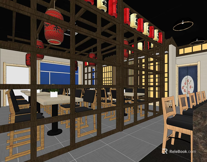 Traditional Chinese Restaurant Interior With Wooden Structure Red Lanterns Dining Tables And Chairs 3d model 