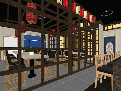 Traditional Chinese Restaurant Interior With Wooden Structure Red Lanterns Dining Tables And Chairs 3d model