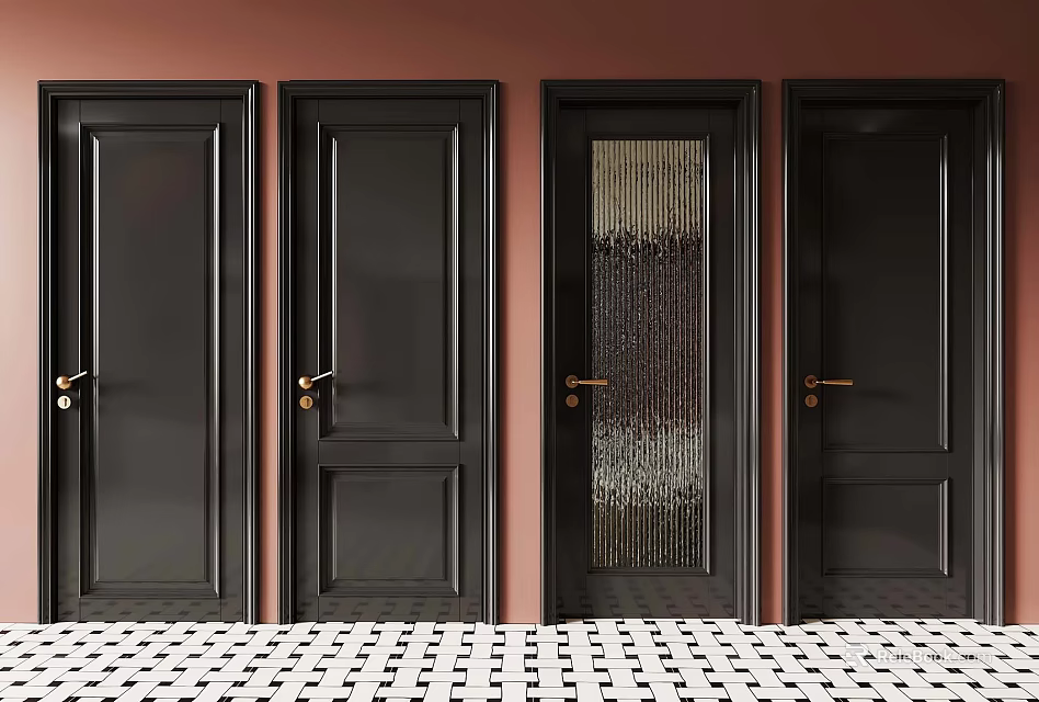 Four Black Doors With Golden Handles And Glass Panel On Pink Wall Checkered Floor 3d model 
