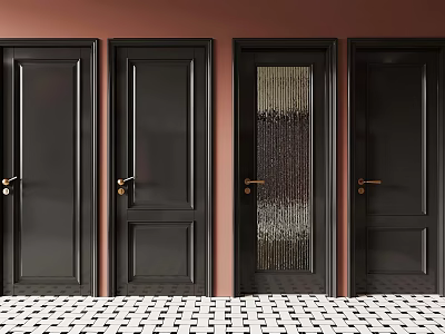 Four Black Doors With Golden Handles And Glass Panel On Pink Wall Checkered Floor 3d model