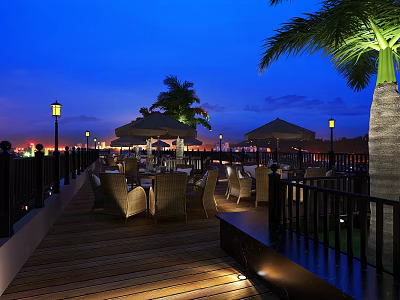 Rooftop Restaurant Night Terrace With Palm Trees Wooden Deck And Outdoor Seating 3d model