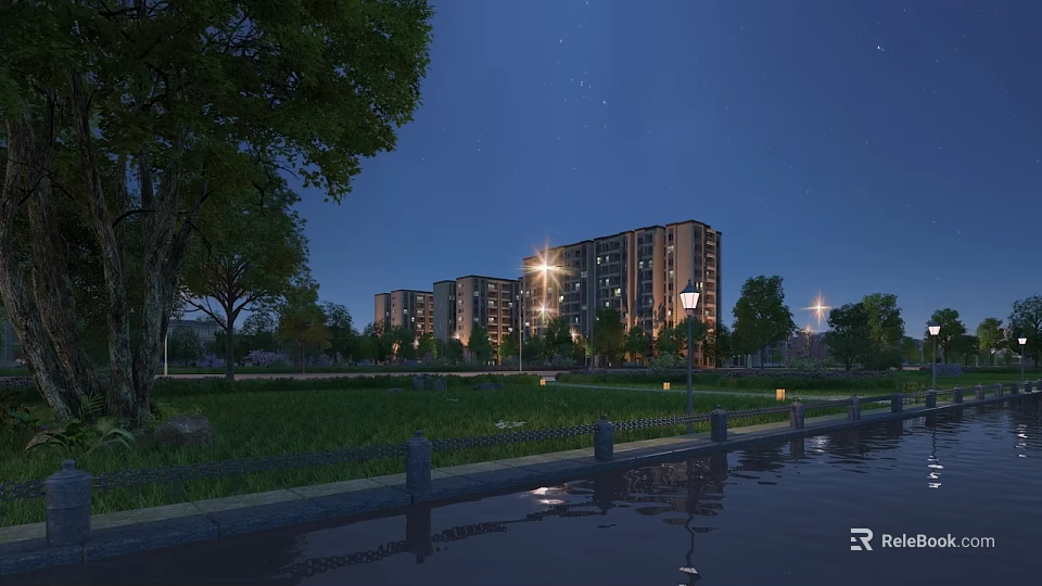 Serene Nighttime Waterside Garden Landscape With Lush Greenery Beside Illuminated Modern Residential Apartment Buildings 3d model 