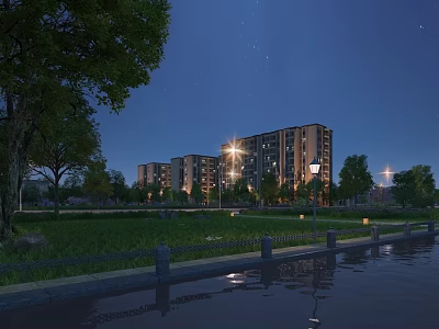 Serene Nighttime Waterside Garden Landscape With Lush Greenery Beside Illuminated Modern Residential Apartment Buildings 3d model