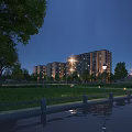 Serene Nighttime Waterside Garden Landscape With Lush Greenery Beside Illuminated Modern Residential Apartment Buildings