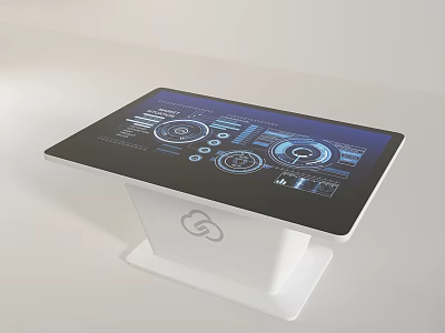 Interactive Commercial Equipment Touchscreen Table With Blue Interface Data Charts And White Base 3d model