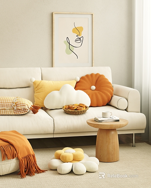 Cozy Living Room Sofa Adorned with Various Shaped Colorful Throw Pillows 3d model 