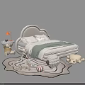 Cream Kids Bed with Cloud Shaped Headboard Stuffed Toys Nightstand Lamp and Rug