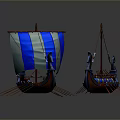 Ancient Water Vessels With Blue And White Sails And Multiple Oars