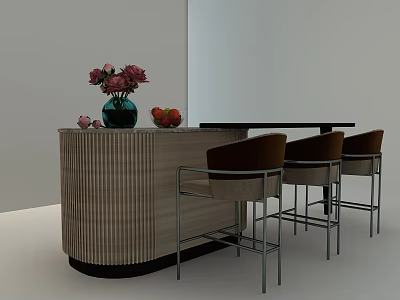 Ribbed Wooden Bar Counter With Green Vase Pink Flowers Red Fruits And Brown Bar Stools 3d model