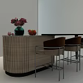 Ribbed Wooden Bar Counter With Green Vase Pink Flowers Red Fruits And Brown Bar Stools
