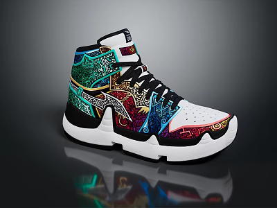 Stylish High Top Sneakers With Colorful Patterned Design And White Sole 3d model