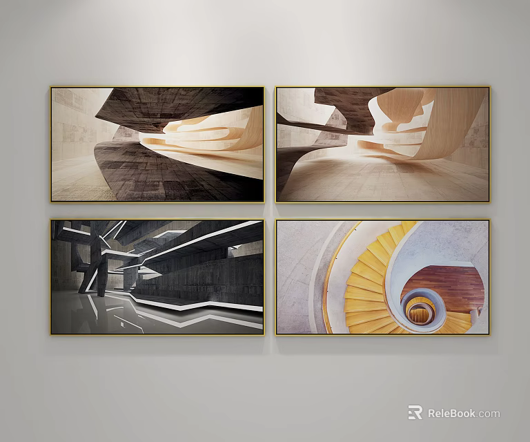 Abstract Architectural Artworks With Geometric Shapes Spiral Patterns And Framed Design 3d model